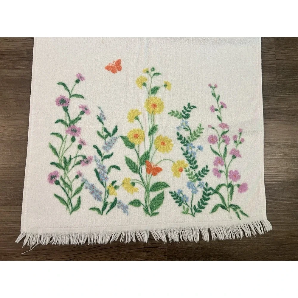 Vtg 1970s Dundee‎ Pink & Blue Flower Power Towel, Hand Towel, & Washcloth Fringe